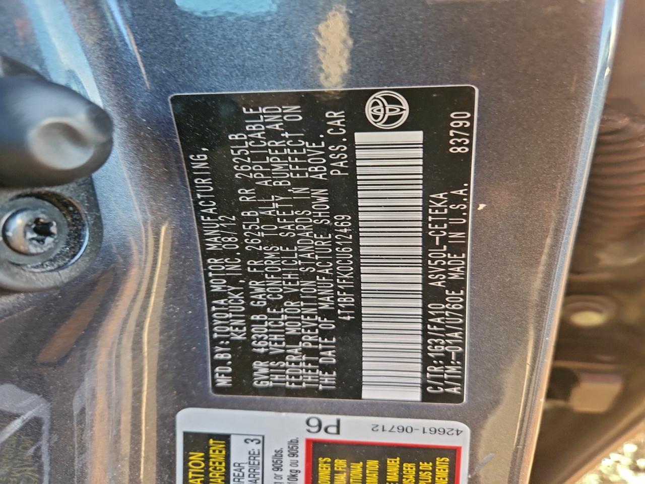 2012 TOYOTA CAMRY L photo 34