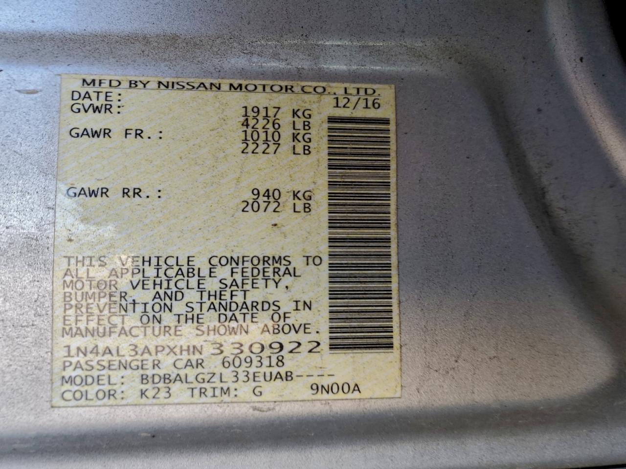 2017 NISSAN ALTIMA 2.5 photo 12