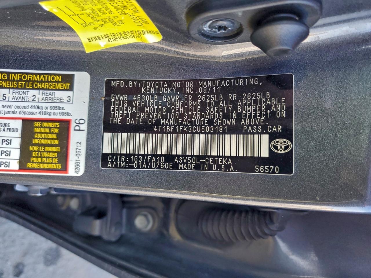 2012 TOYOTA CAMRY BASE photo 12