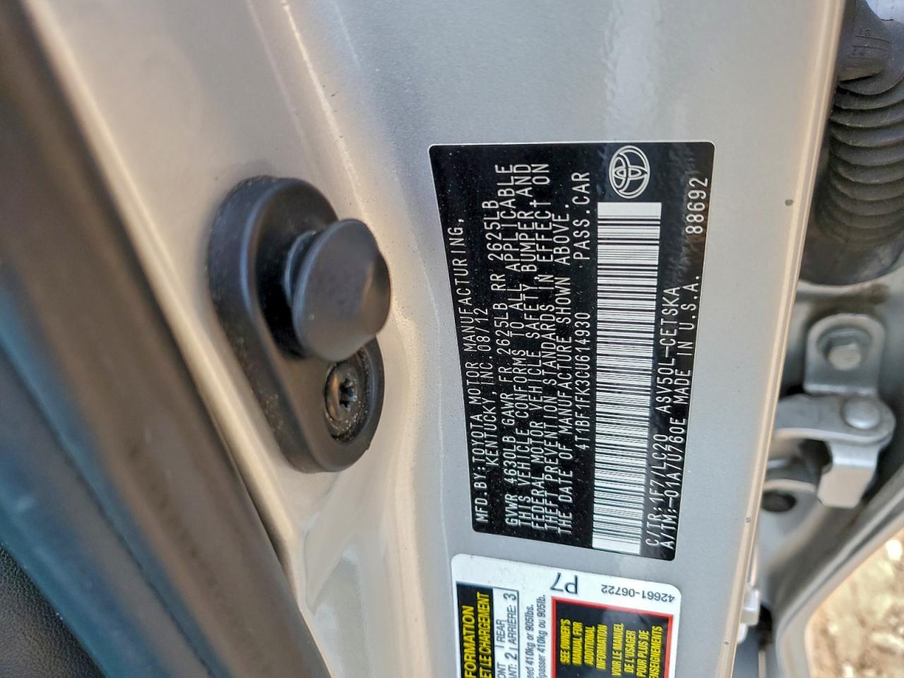2012 TOYOTA CAMRY BASE photo 12
