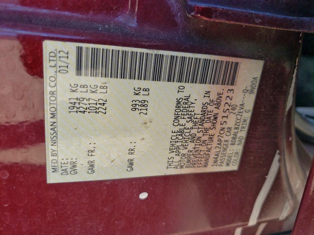 2012 NISSAN ALTIMA BASE photo 13