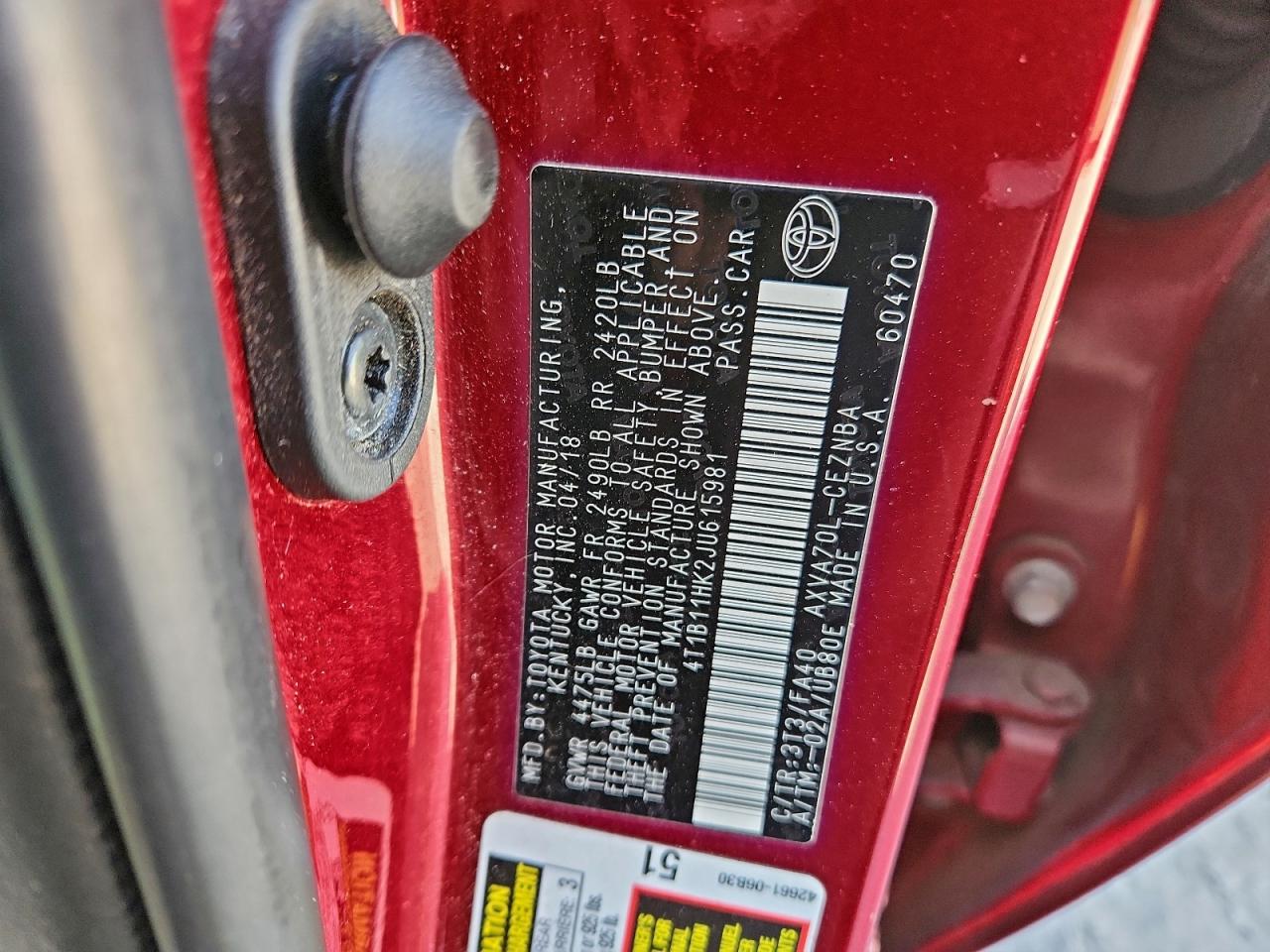 2018 TOYOTA CAMRY L photo 12