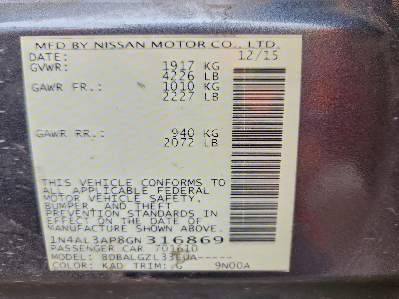2016 NISSAN ALTIMA 2.5 photo 12