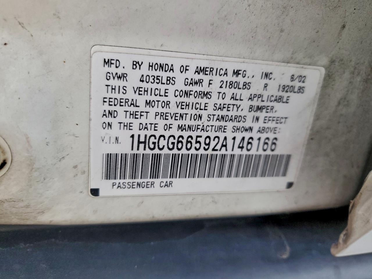2002 HONDA ACCORD LX photo 12