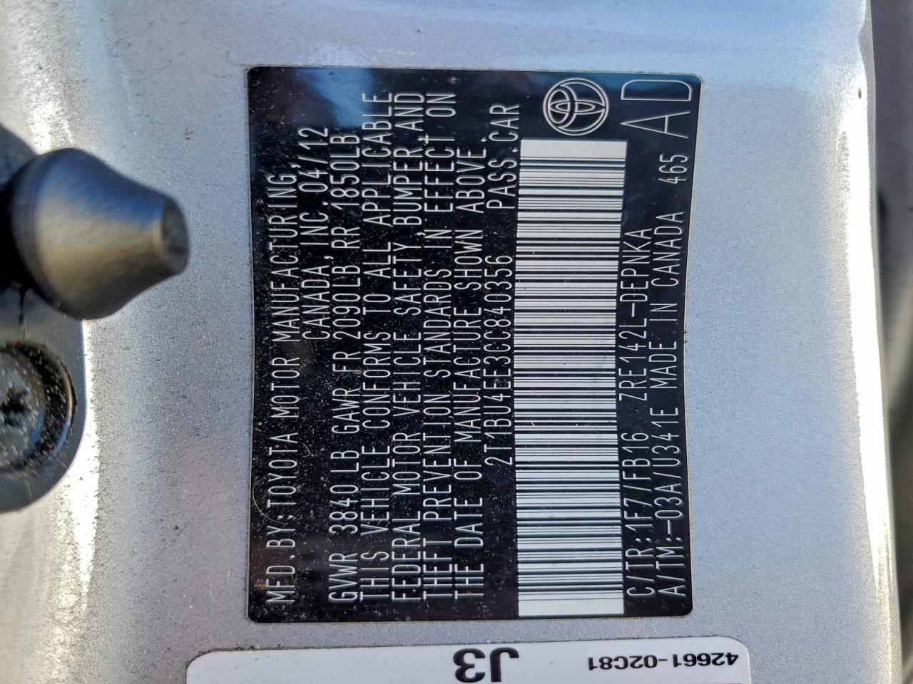 2012 TOYOTA COROLLA BASE photo 12