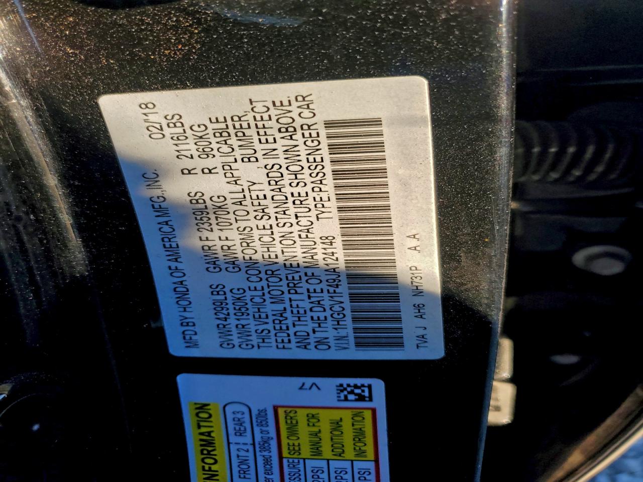 2018 HONDA ACCORD EX photo 34