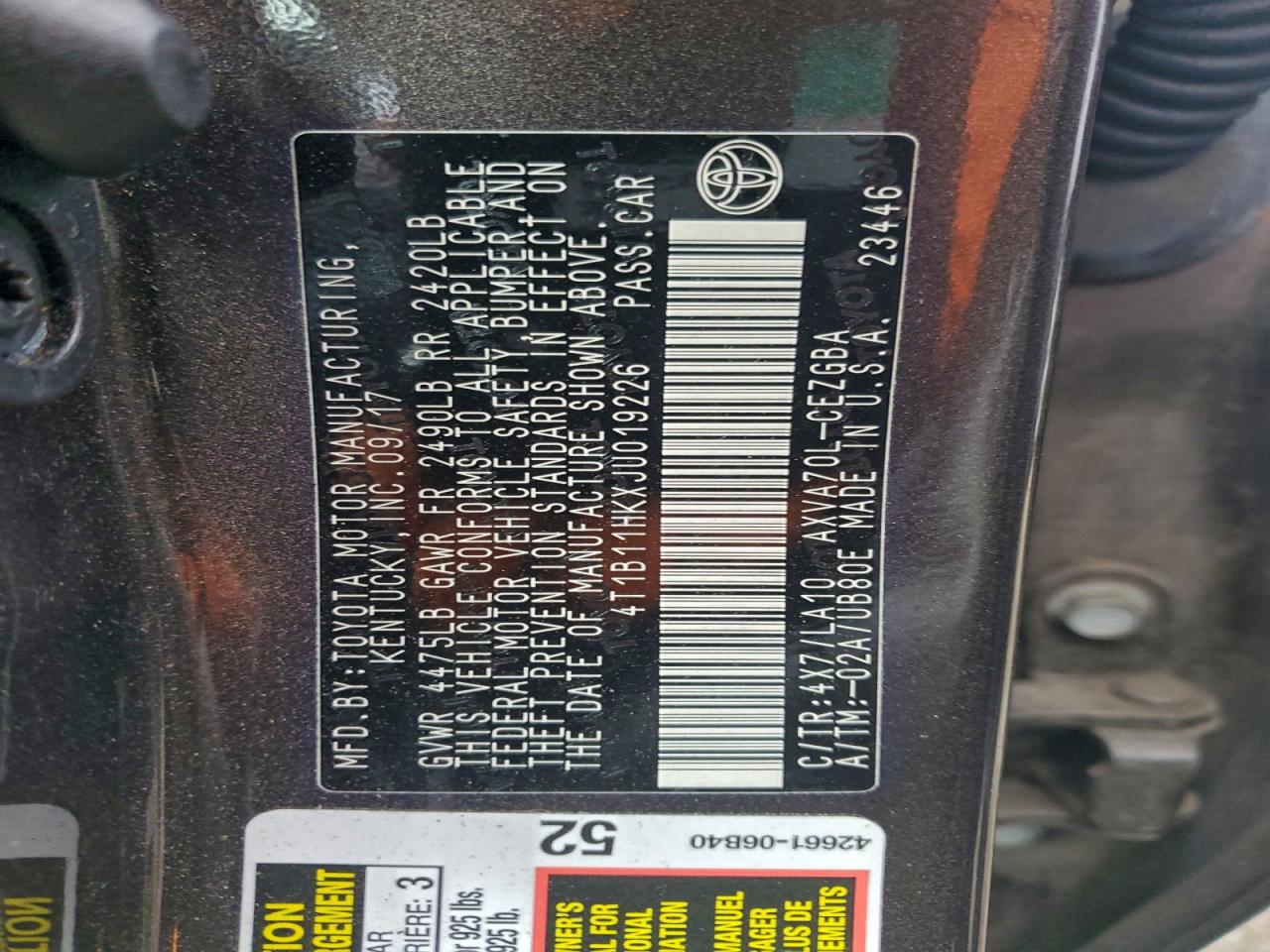2018 TOYOTA CAMRY L photo 12