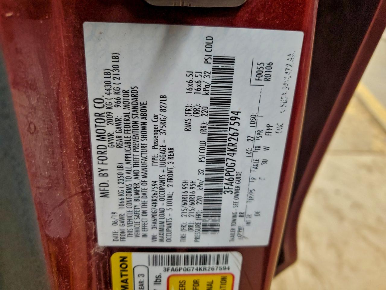 2019 FORD FUSION S photo 12