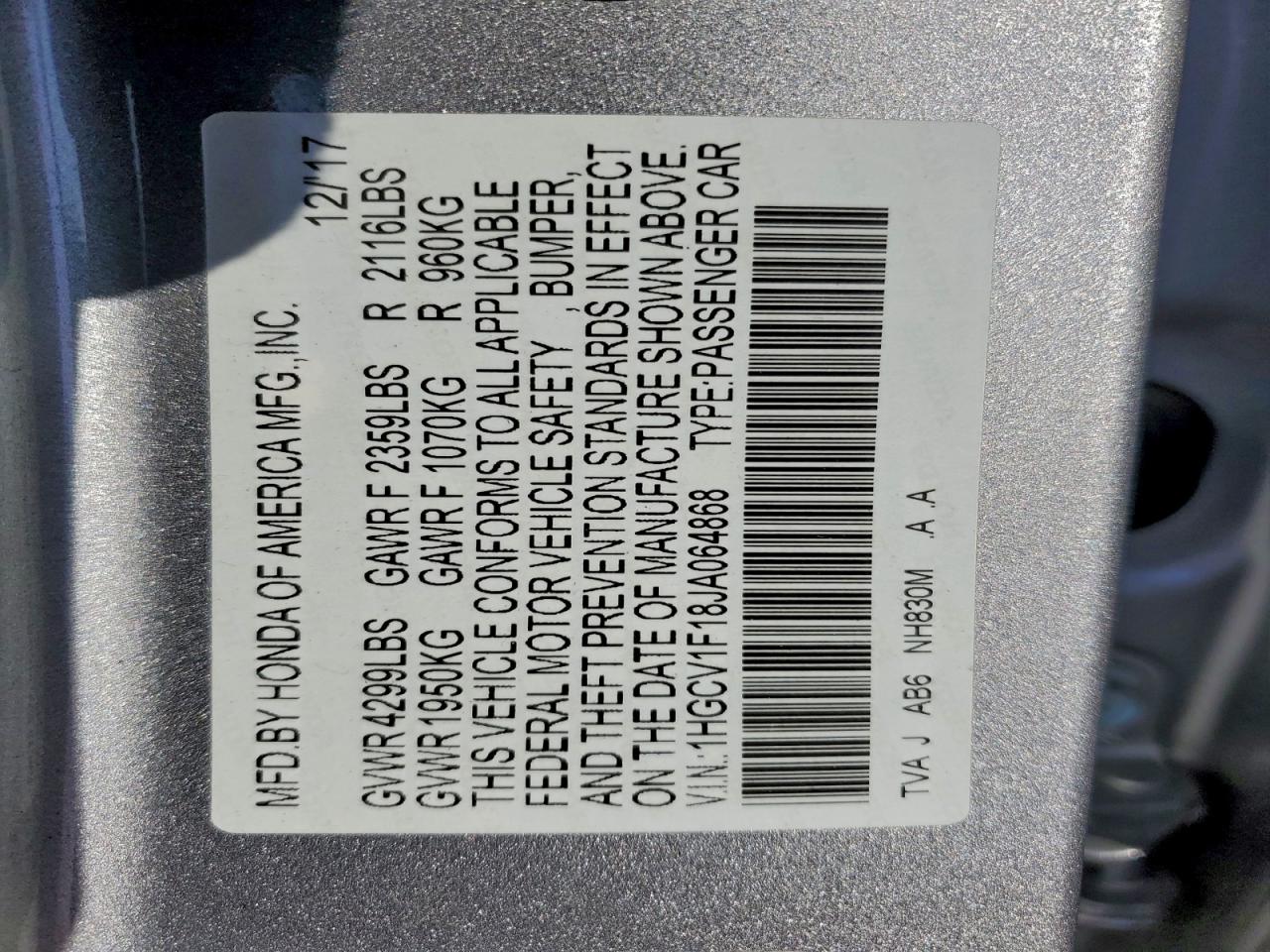 2018 HONDA ACCORD LX photo 12