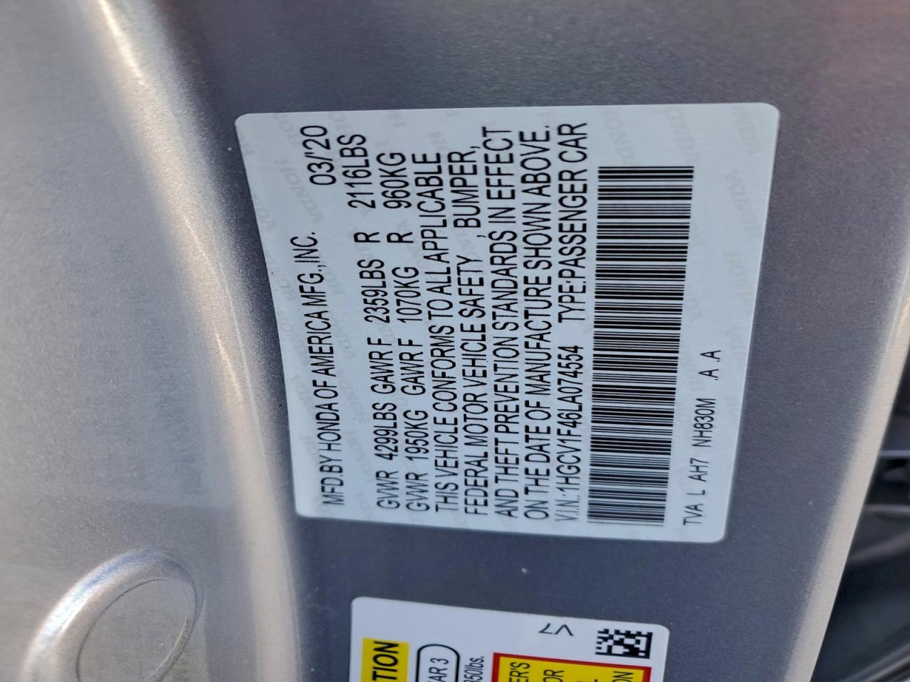 2020 HONDA ACCORD EX photo 12