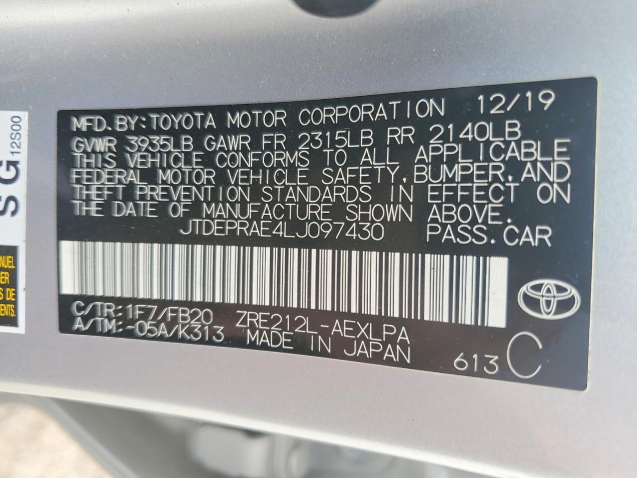 2020 TOYOTA COROLLA LE photo 12