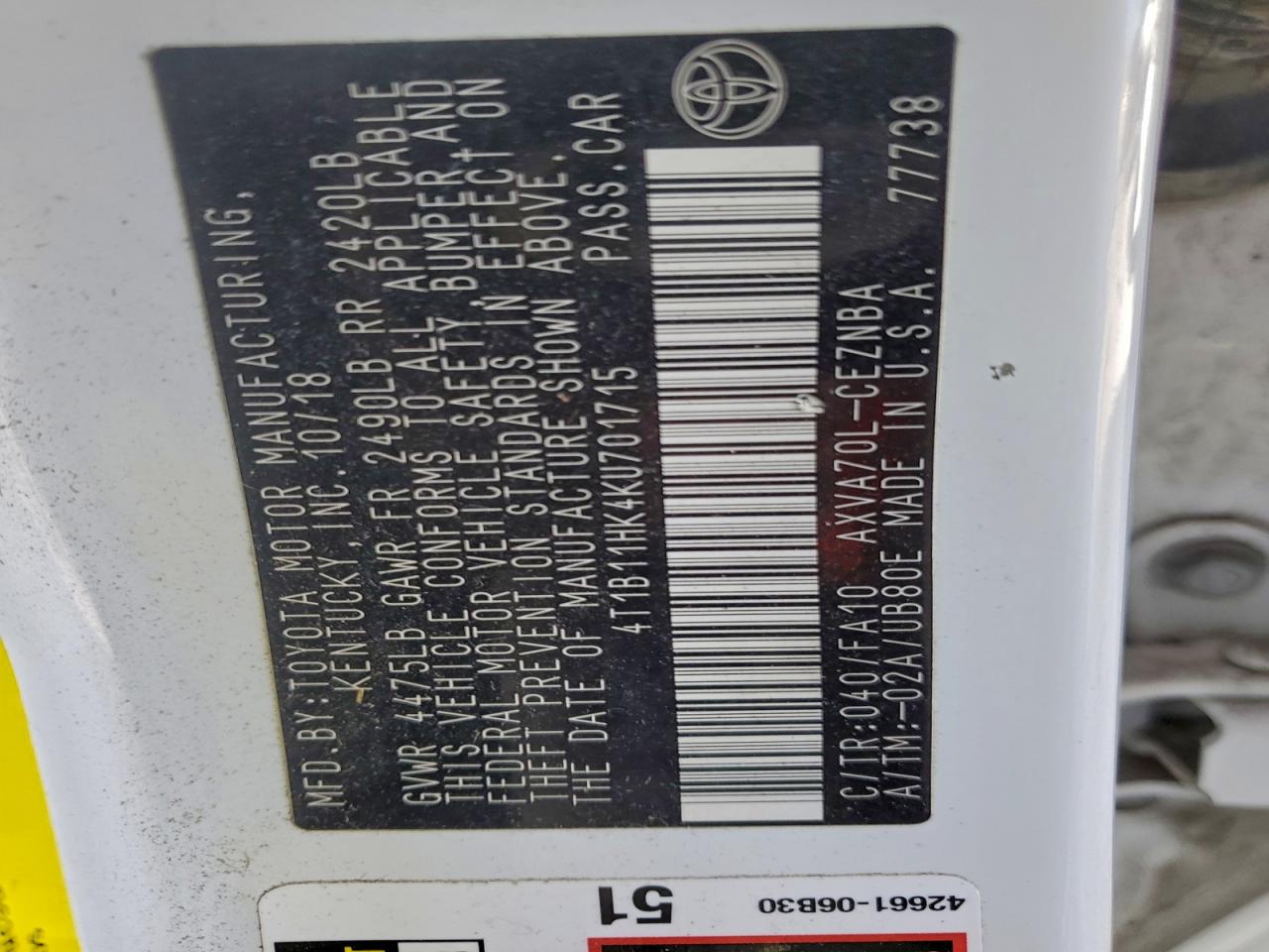2019 TOYOTA CAMRY L photo 12