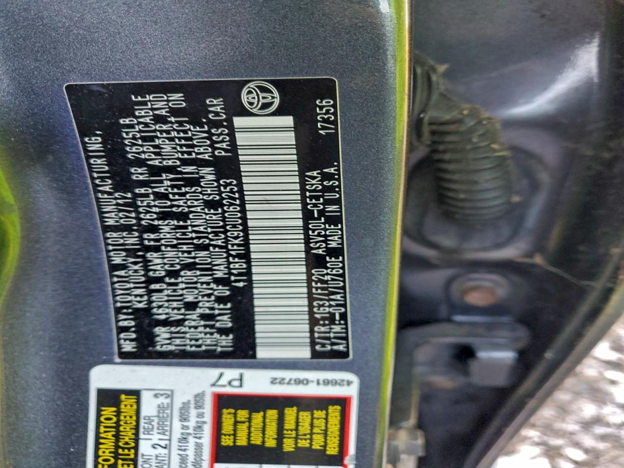 2012 TOYOTA CAMRY BASE photo 12