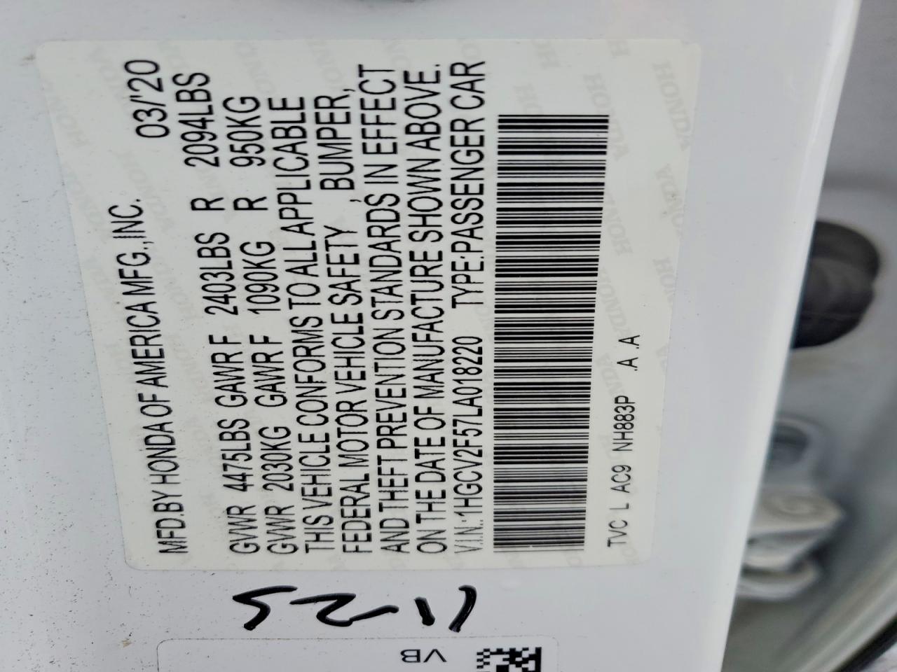 2020 HONDA ACCORD EXL photo 23
