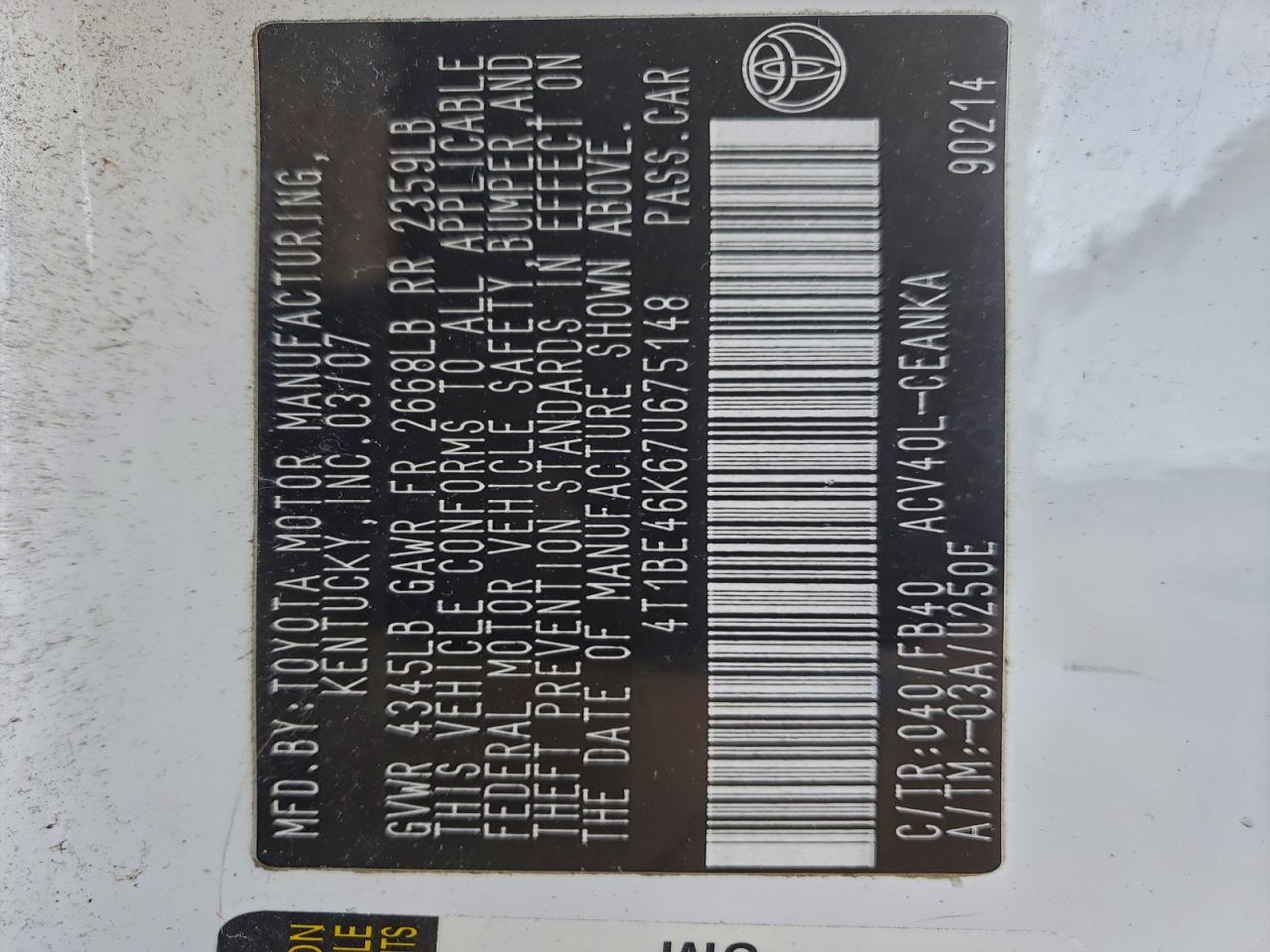 2007 TOYOTA CAMRY CE photo 12