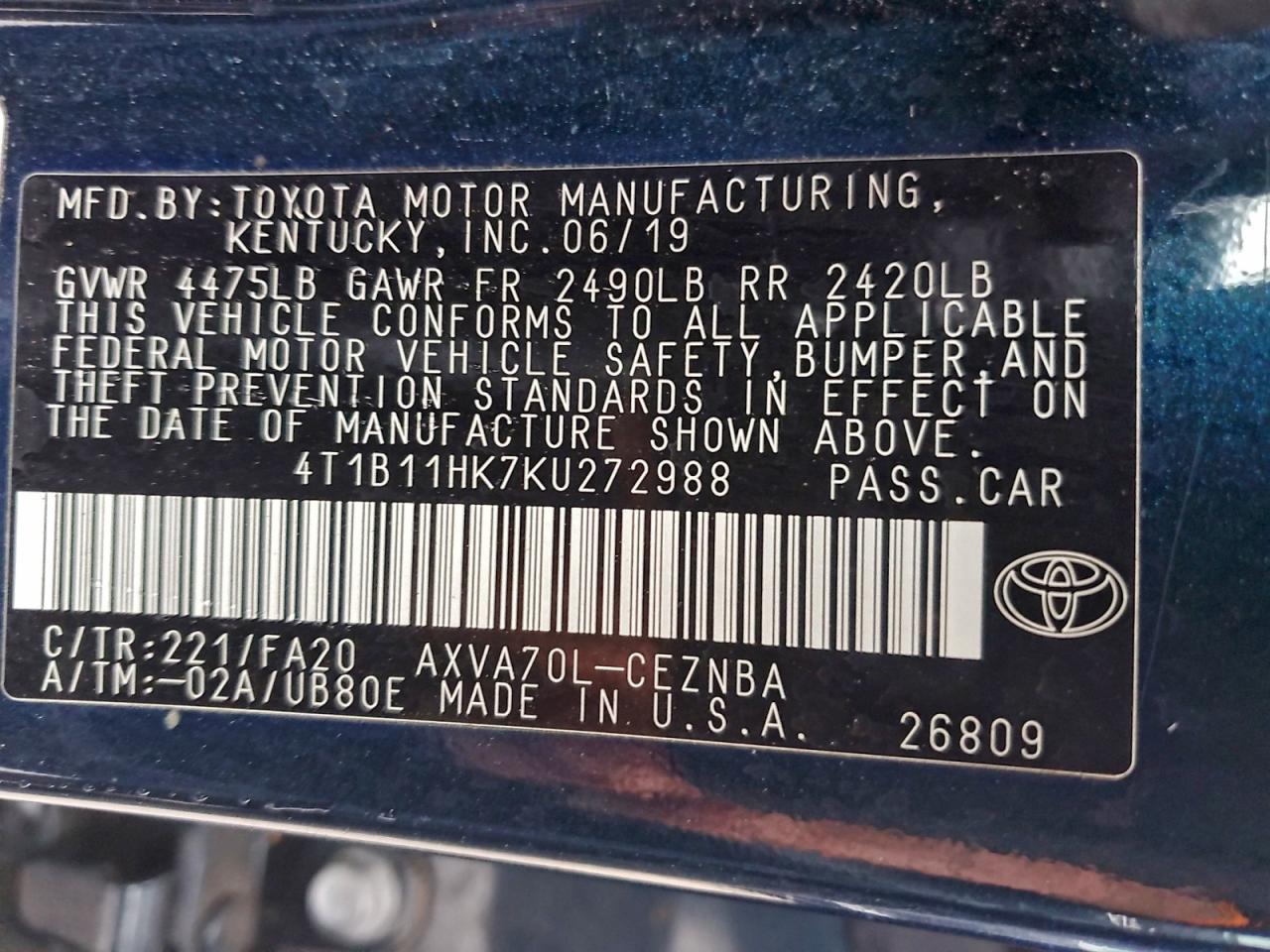 2019 TOYOTA CAMRY L photo 12