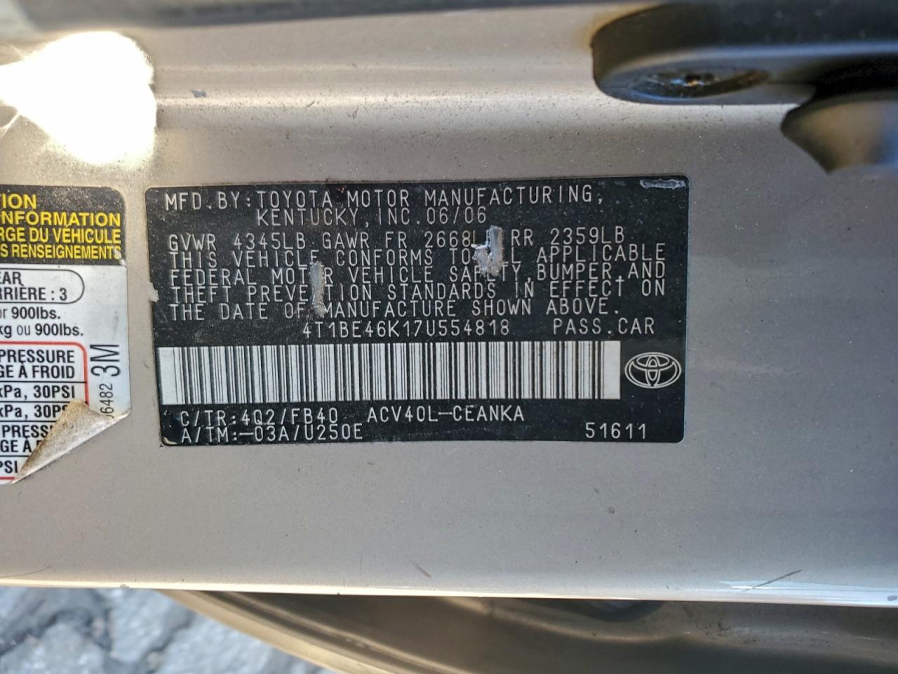 2007 TOYOTA CAMRY CE photo 12