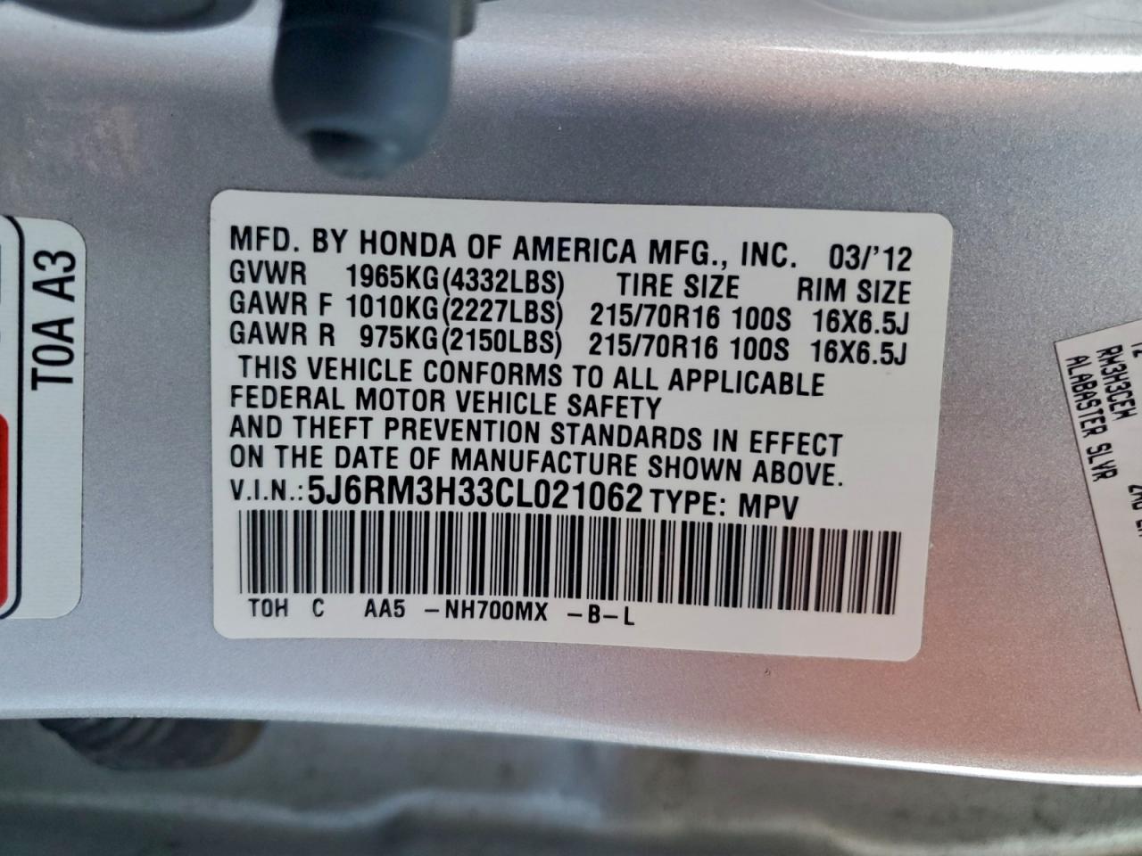 2012 HONDA CR-V LX photo 23