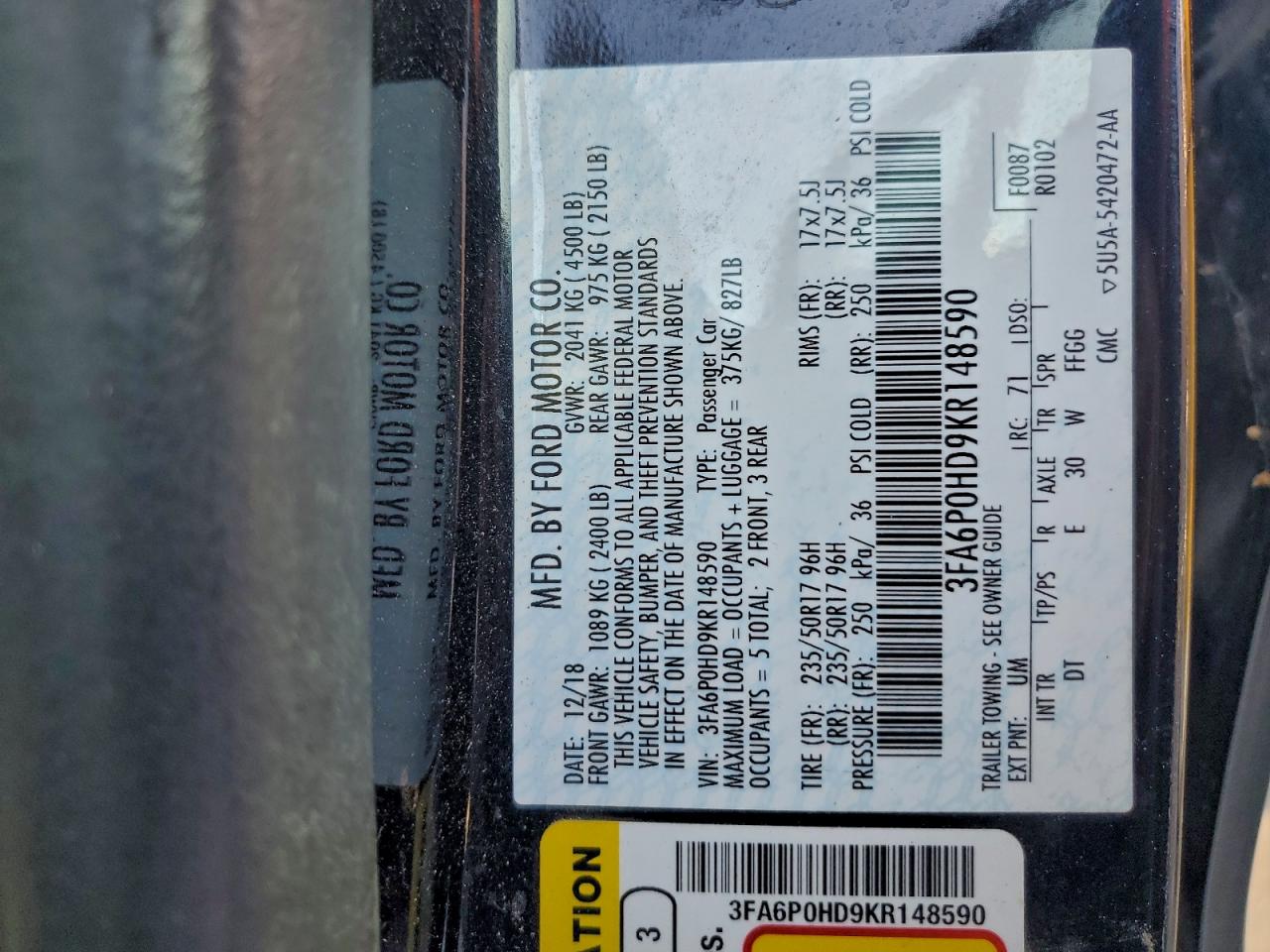 2019 FORD FUSION SE photo 12