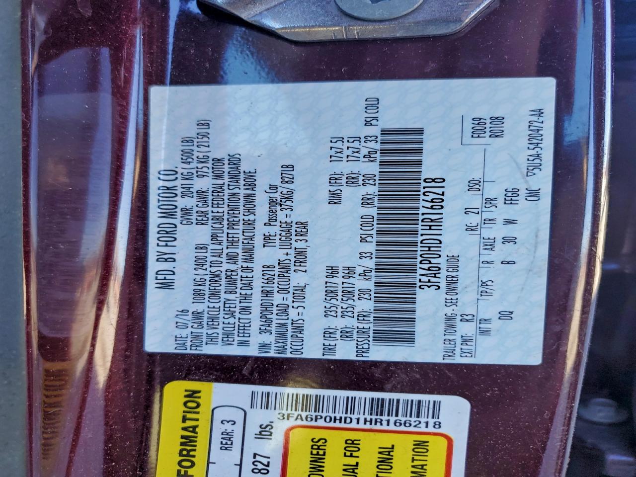 2017 FORD FUSION SE photo 12