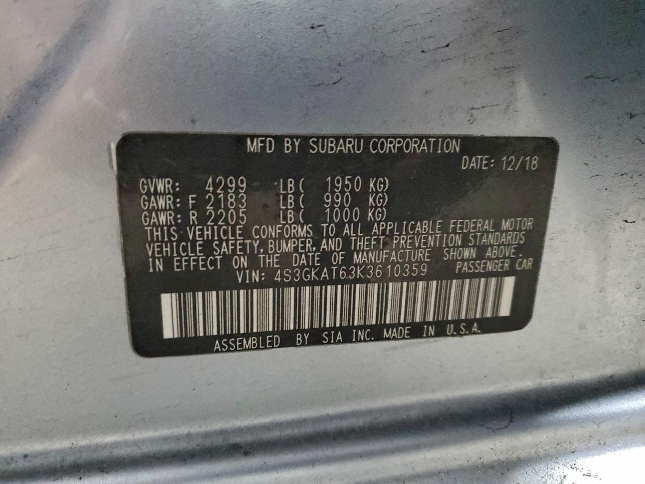 2019 SUBARU IMPREZA LIMITED photo 12