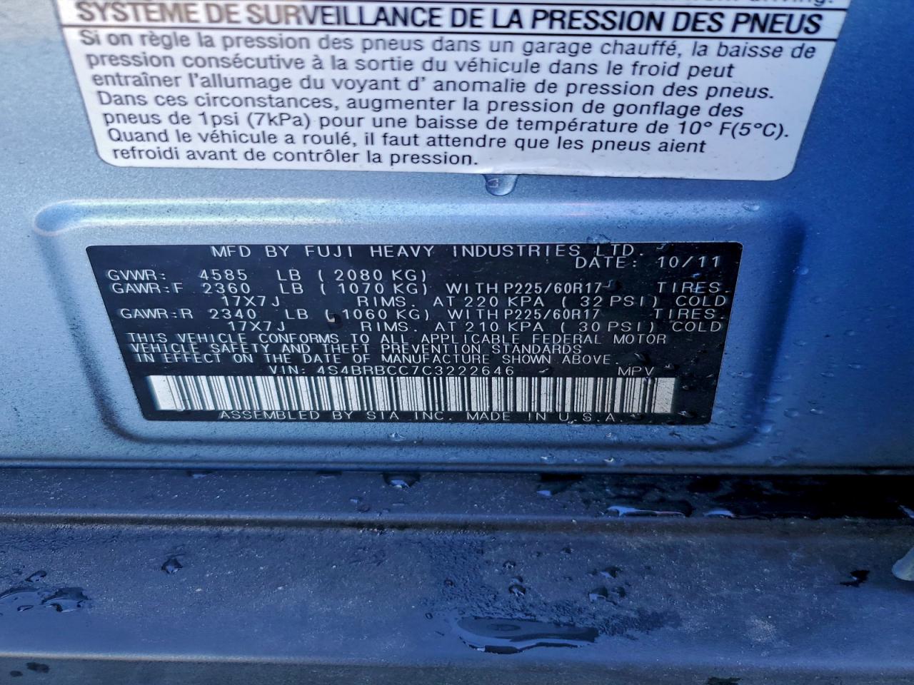2012 SUBARU OUTBACK 2.5I PREMIUM photo 23
