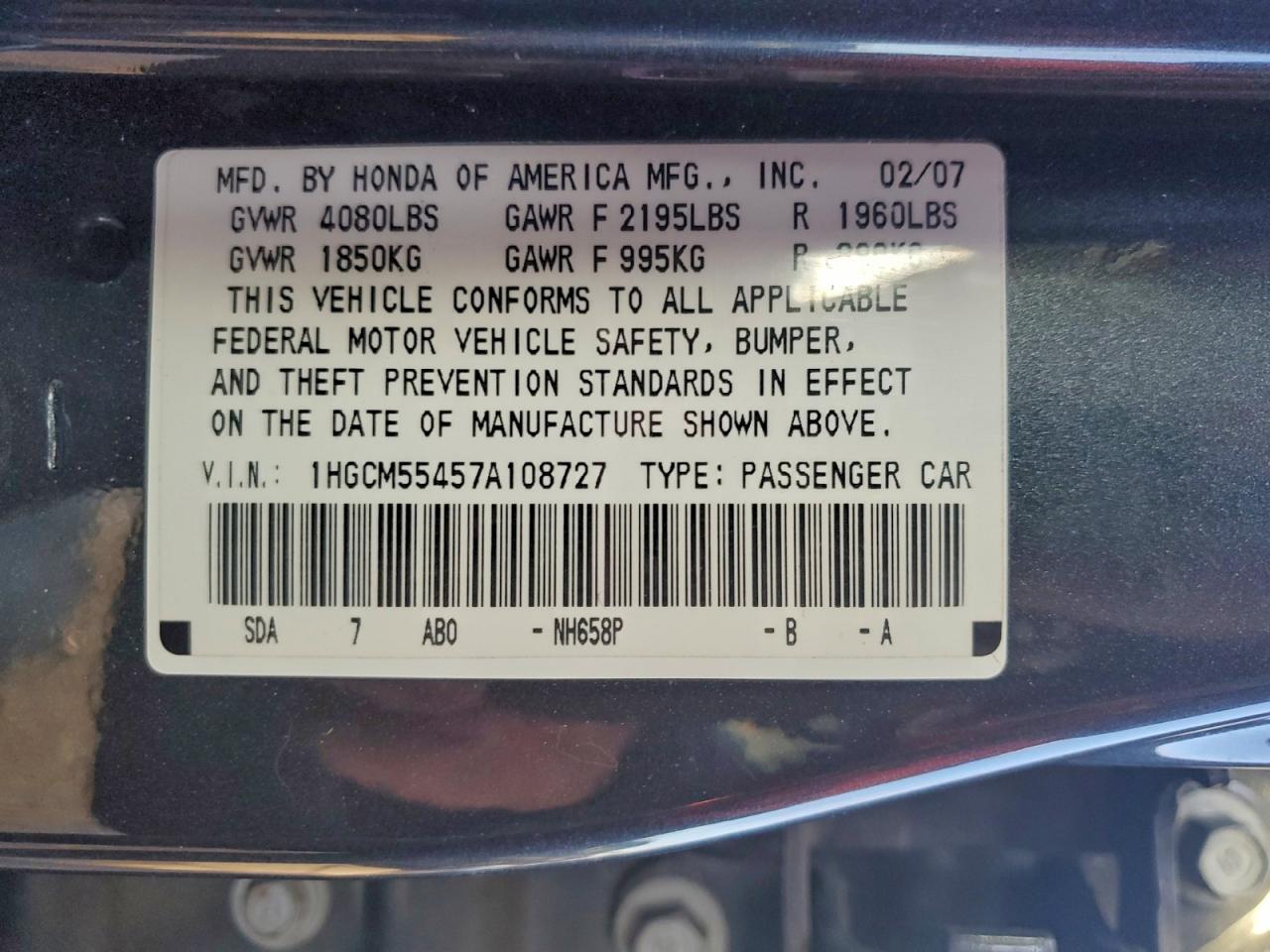 2007 HONDA ACCORD LX photo 27