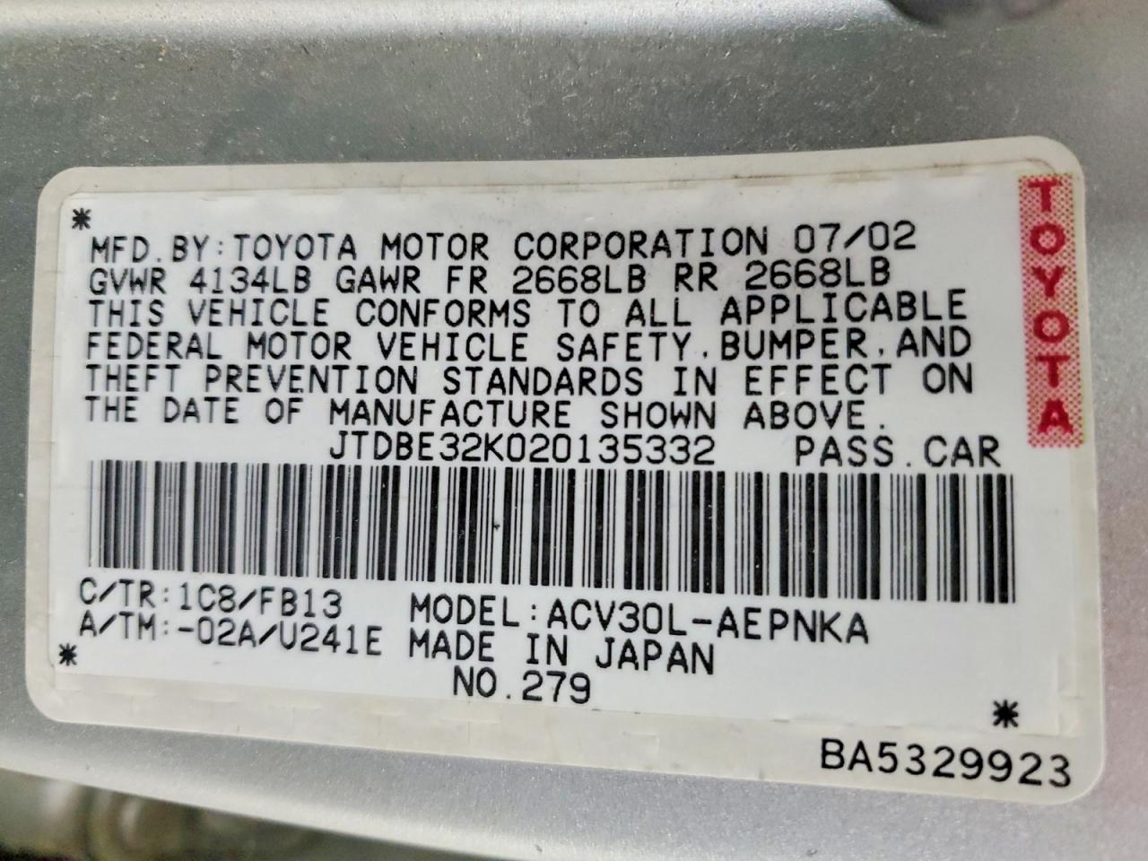 2002 TOYOTA CAMRY LE photo 23