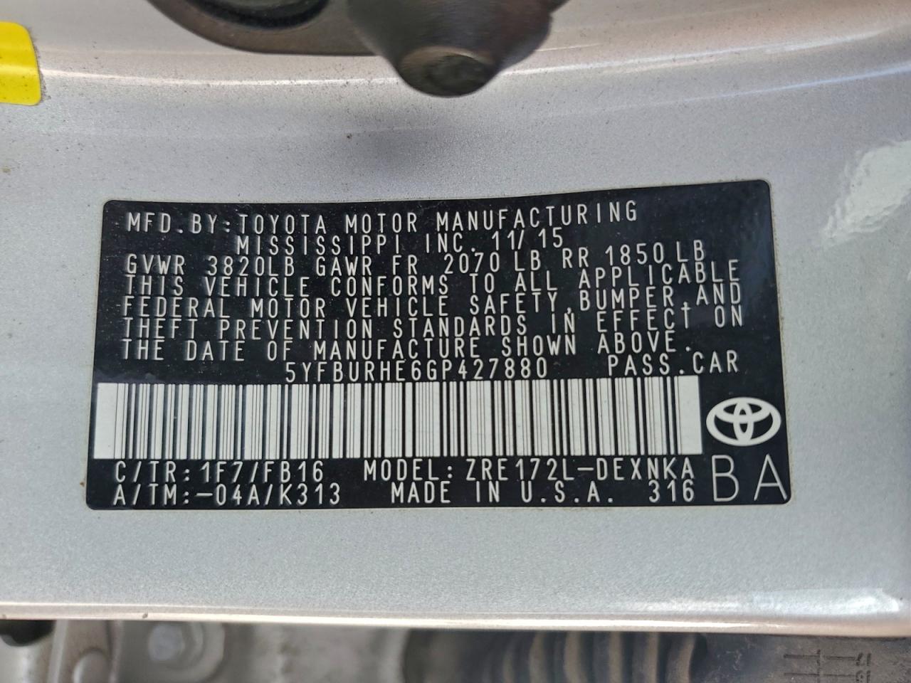 2016 TOYOTA COROLLA L photo 37