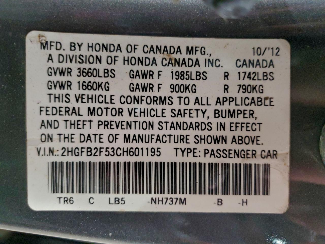 2012 HONDA CIVIC LX photo 37