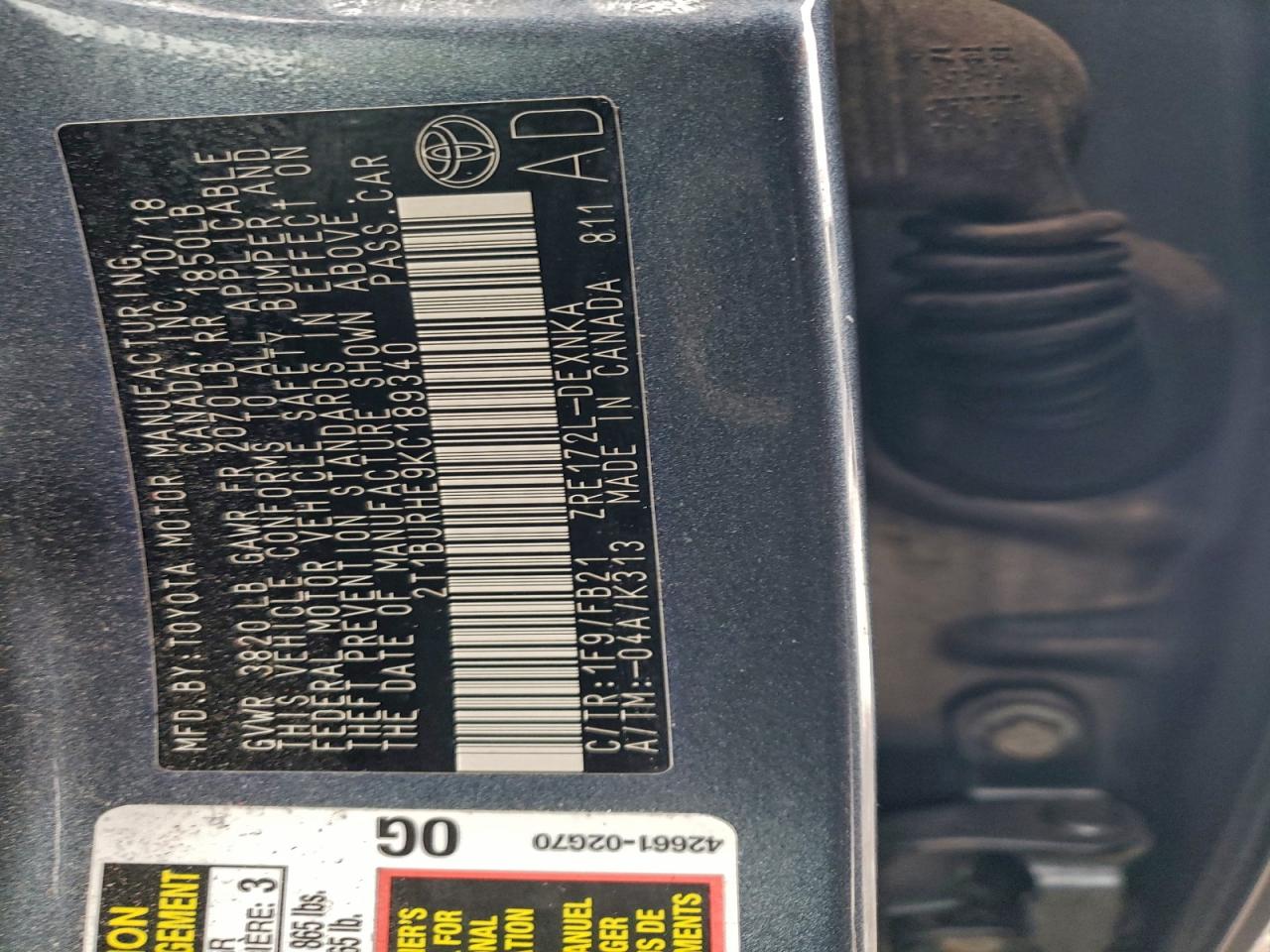 2019 TOYOTA COROLLA L photo 13