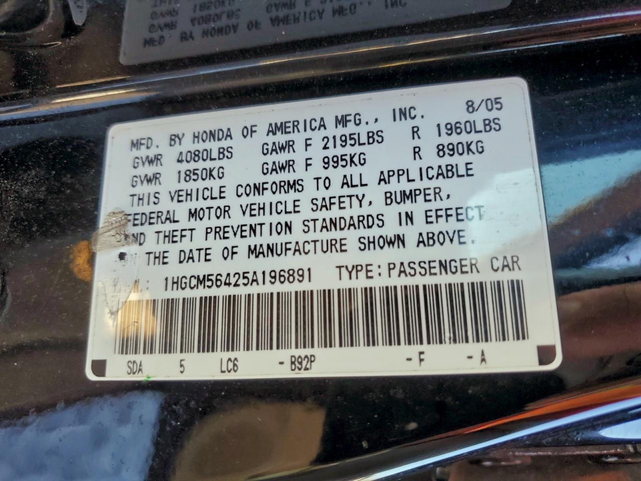 2005 HONDA ACCORD LX photo 23