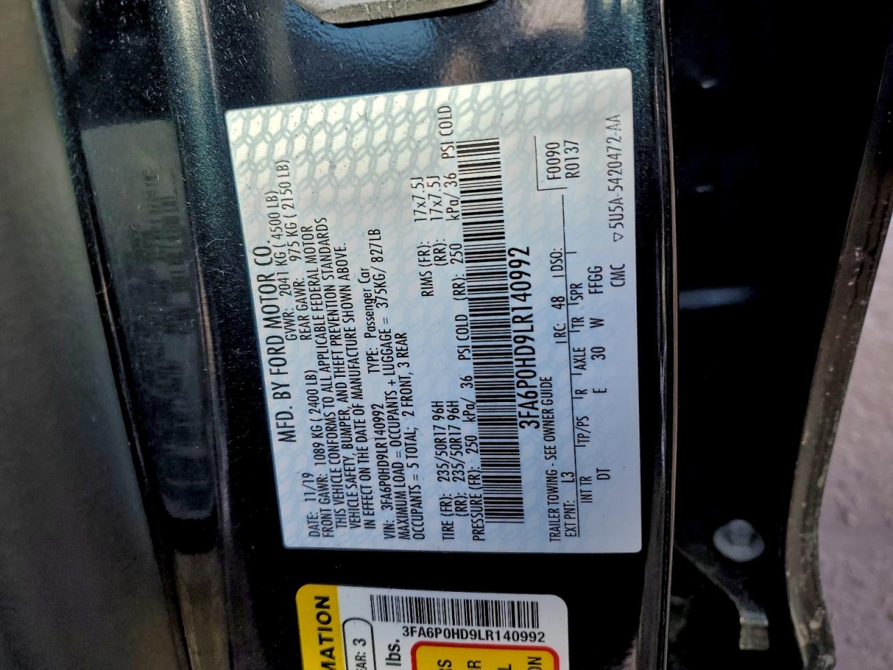 2020 FORD FUSION SE photo 13