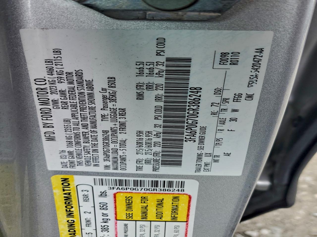 2016 FORD FUSION S photo 12