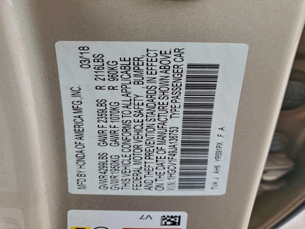2018 HONDA ACCORD EX photo 37