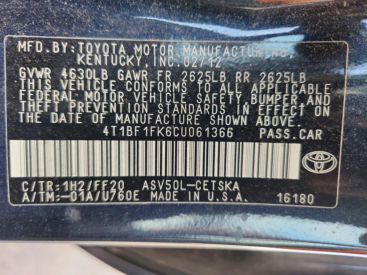2012 TOYOTA CAMRY BASE photo 12