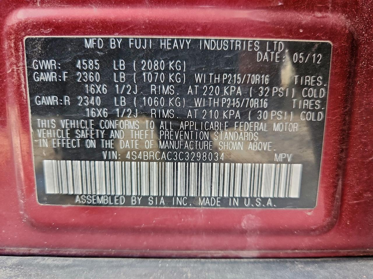 2012 SUBARU OUTBACK 2.5I photo 27