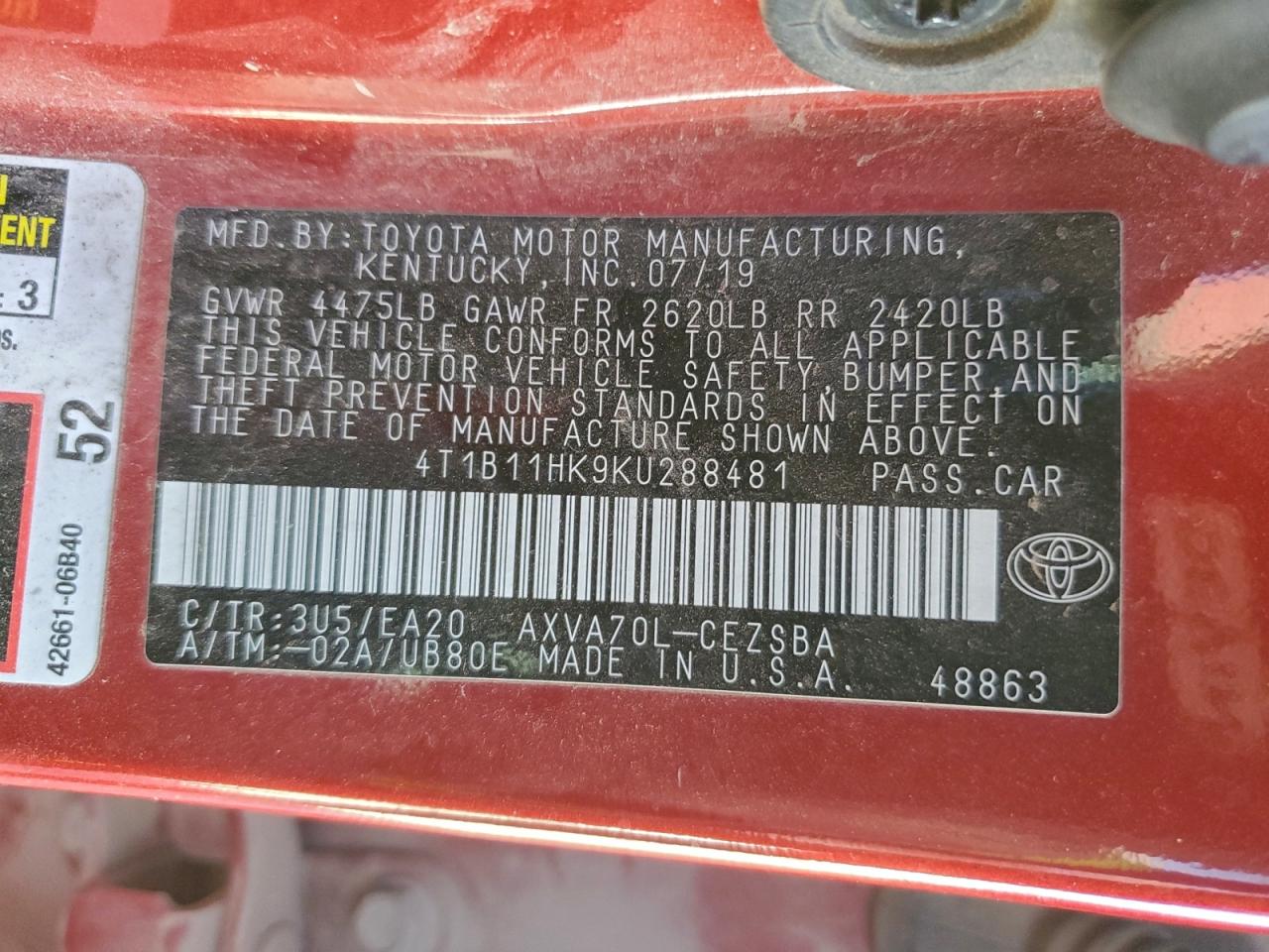 2019 TOYOTA CAMRY L photo 34