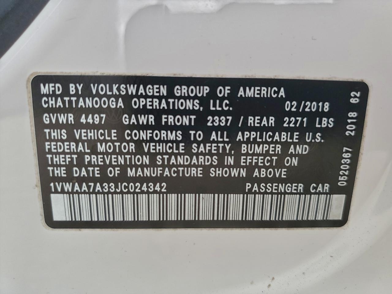 2018 VOLKSWAGEN PASSAT S photo 12