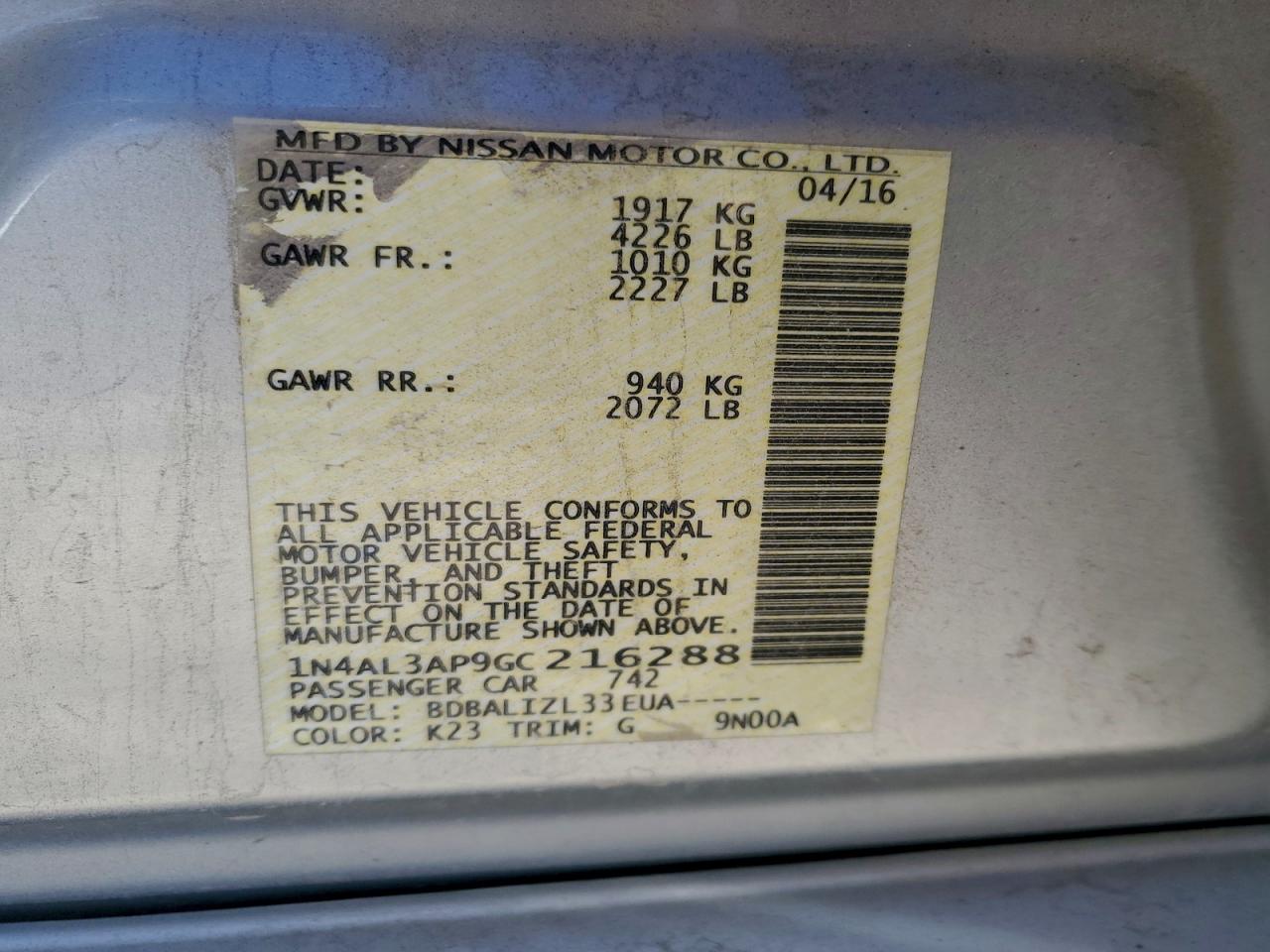 2016 NISSAN ALTIMA 2.5 photo 12