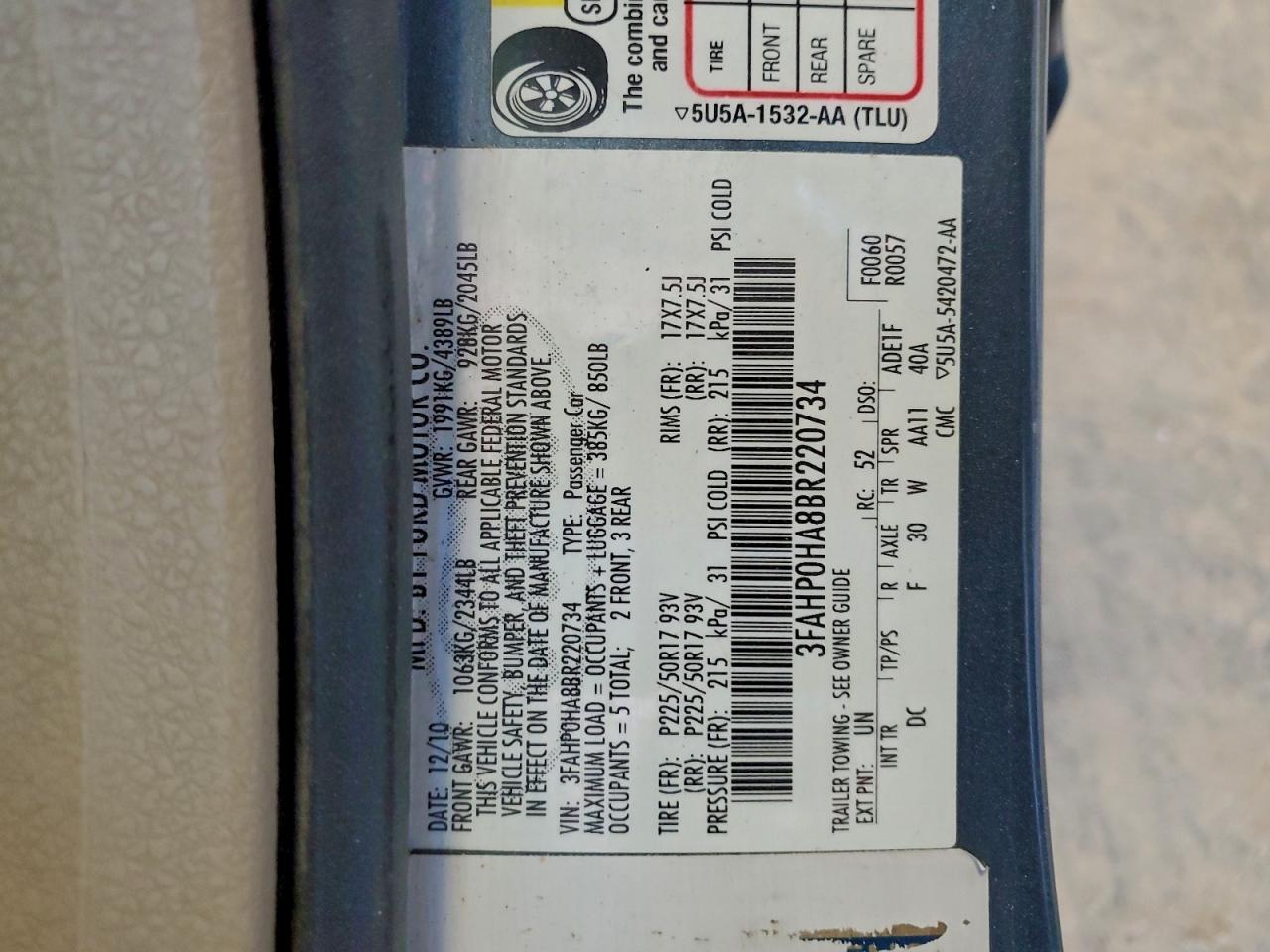 2011 FORD FUSION SE photo 12