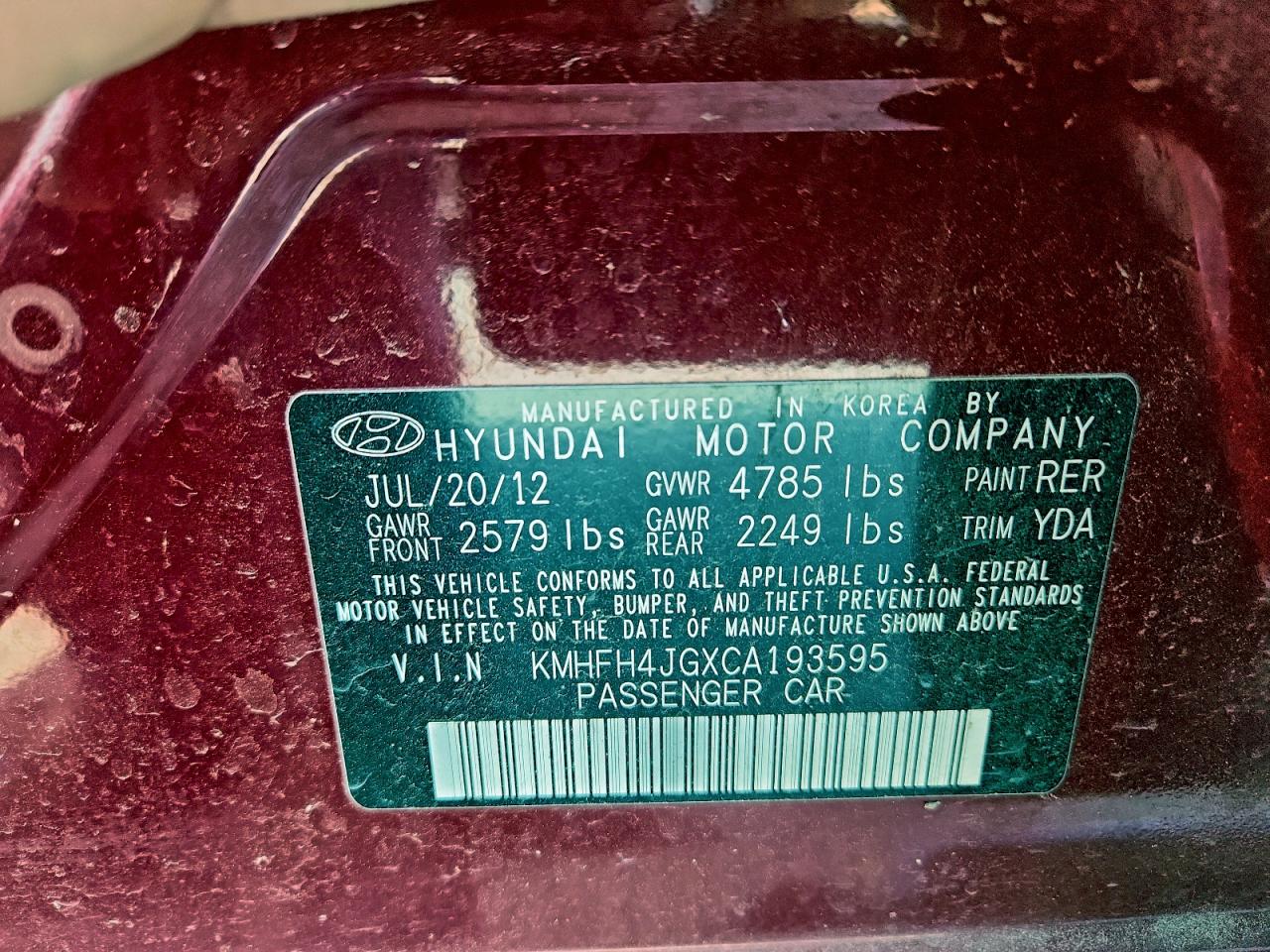 2012 HYUNDAI AZERA GLS photo 12