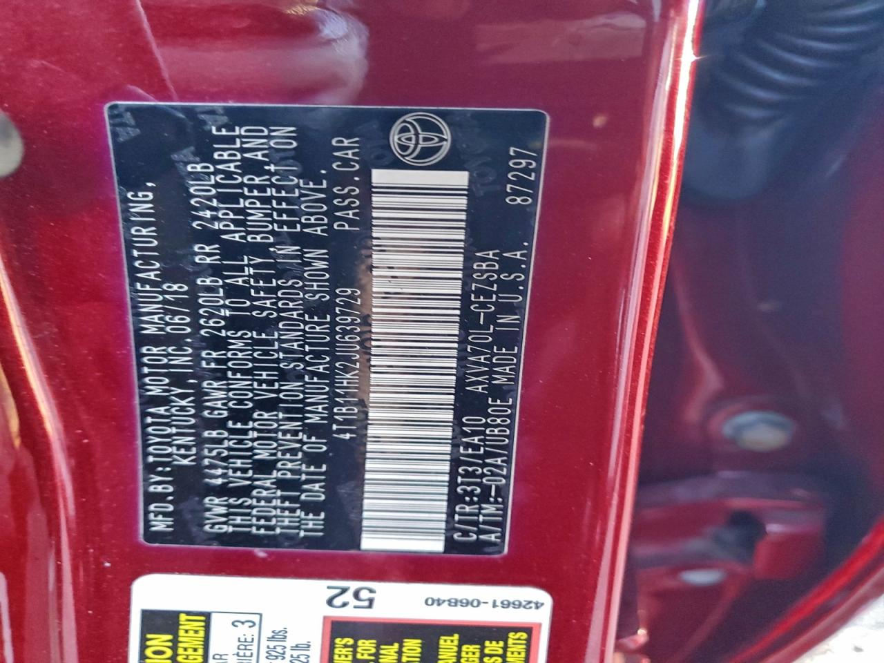 2018 TOYOTA CAMRY L photo 12