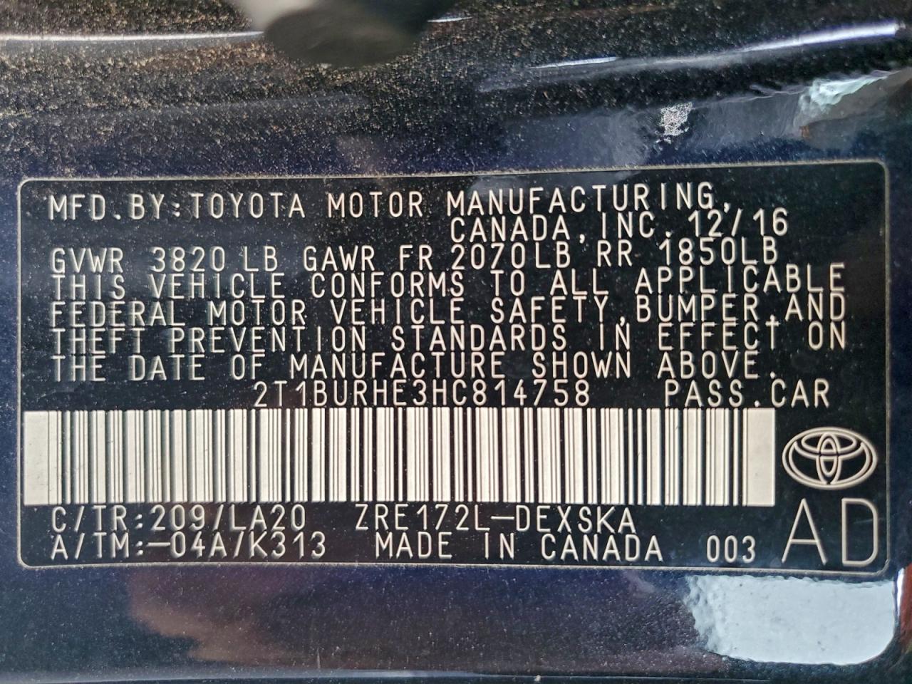 2017 TOYOTA COROLLA L photo 12