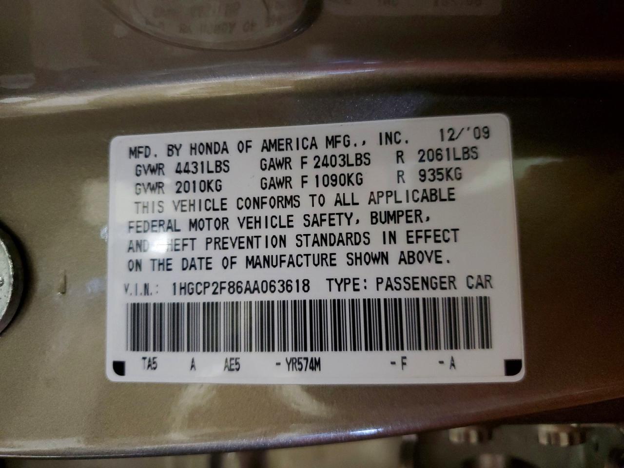 2010 HONDA ACCORD EXL photo 12