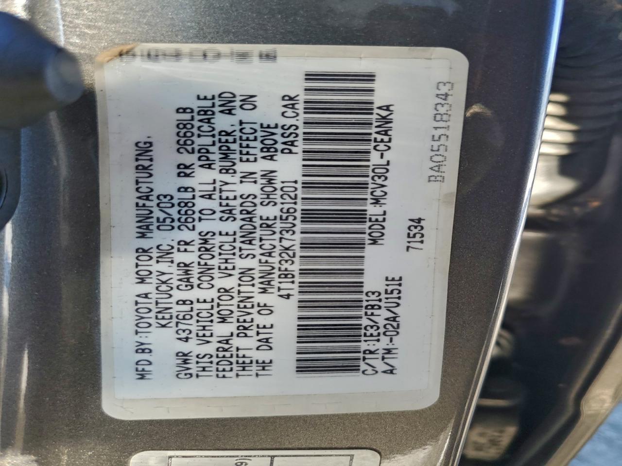 2003 TOYOTA CAMRY LE photo 12