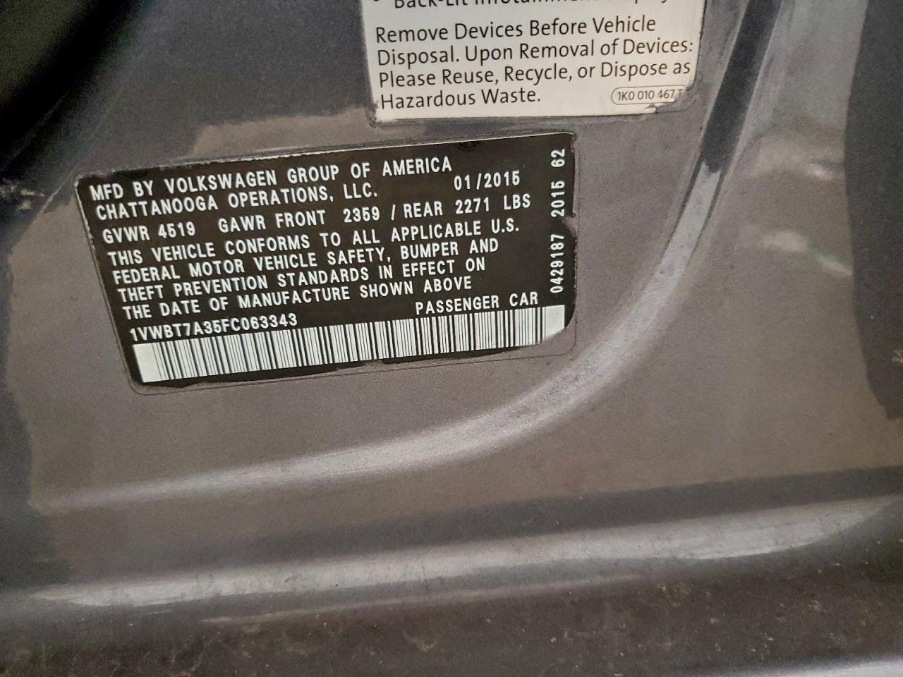 2015 VOLKSWAGEN PASSAT SE photo 12