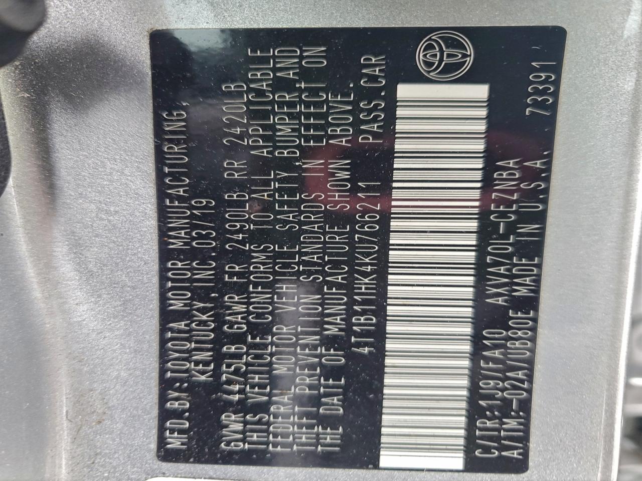 2019 TOYOTA CAMRY L photo 13