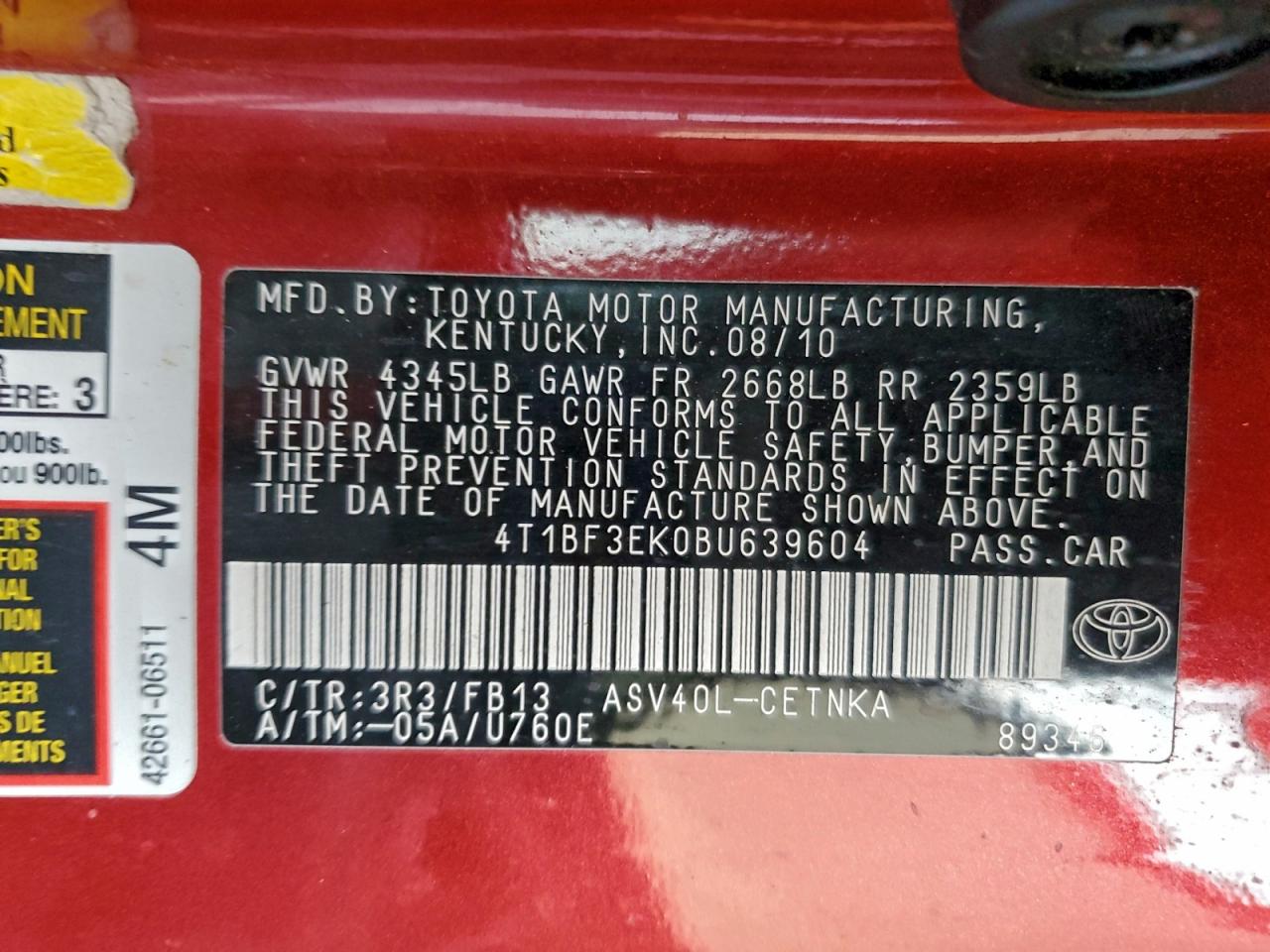 2011 TOYOTA CAMRY BASE photo 13