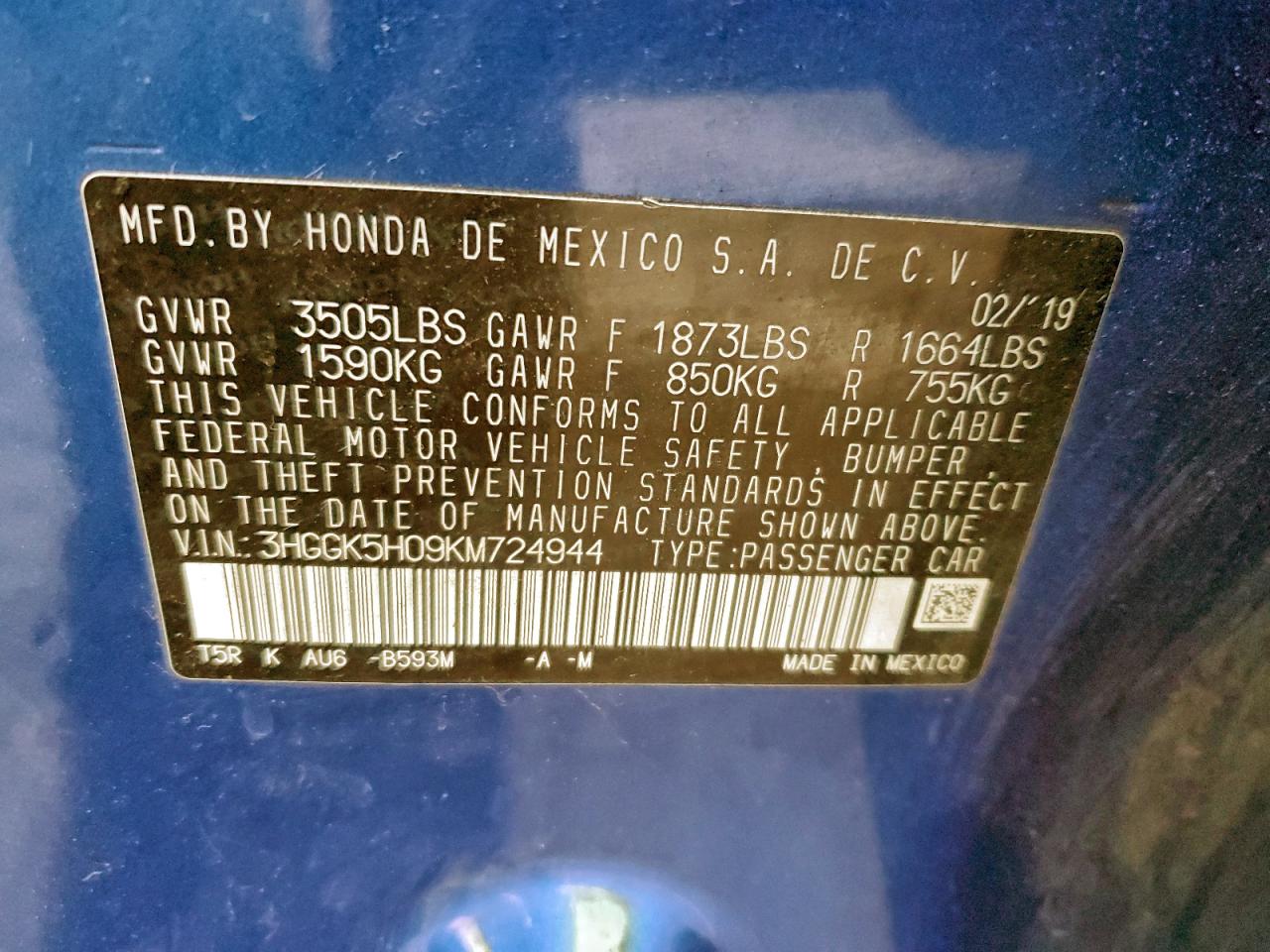 2019 HONDA FIT EXL photo 12